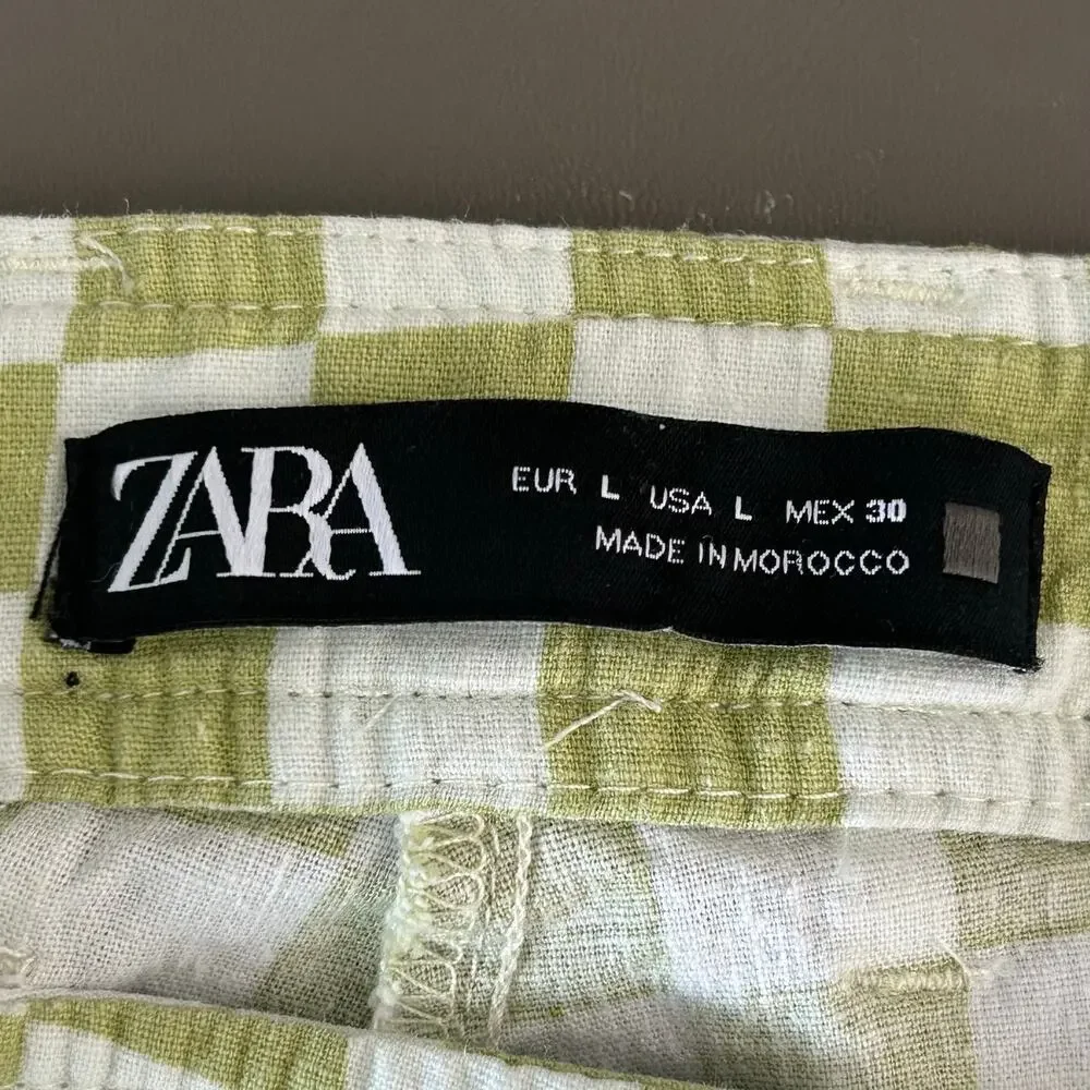 Zara Green White Checkerboard Wide Leg Pants Women’s L High Rise Linen Blend